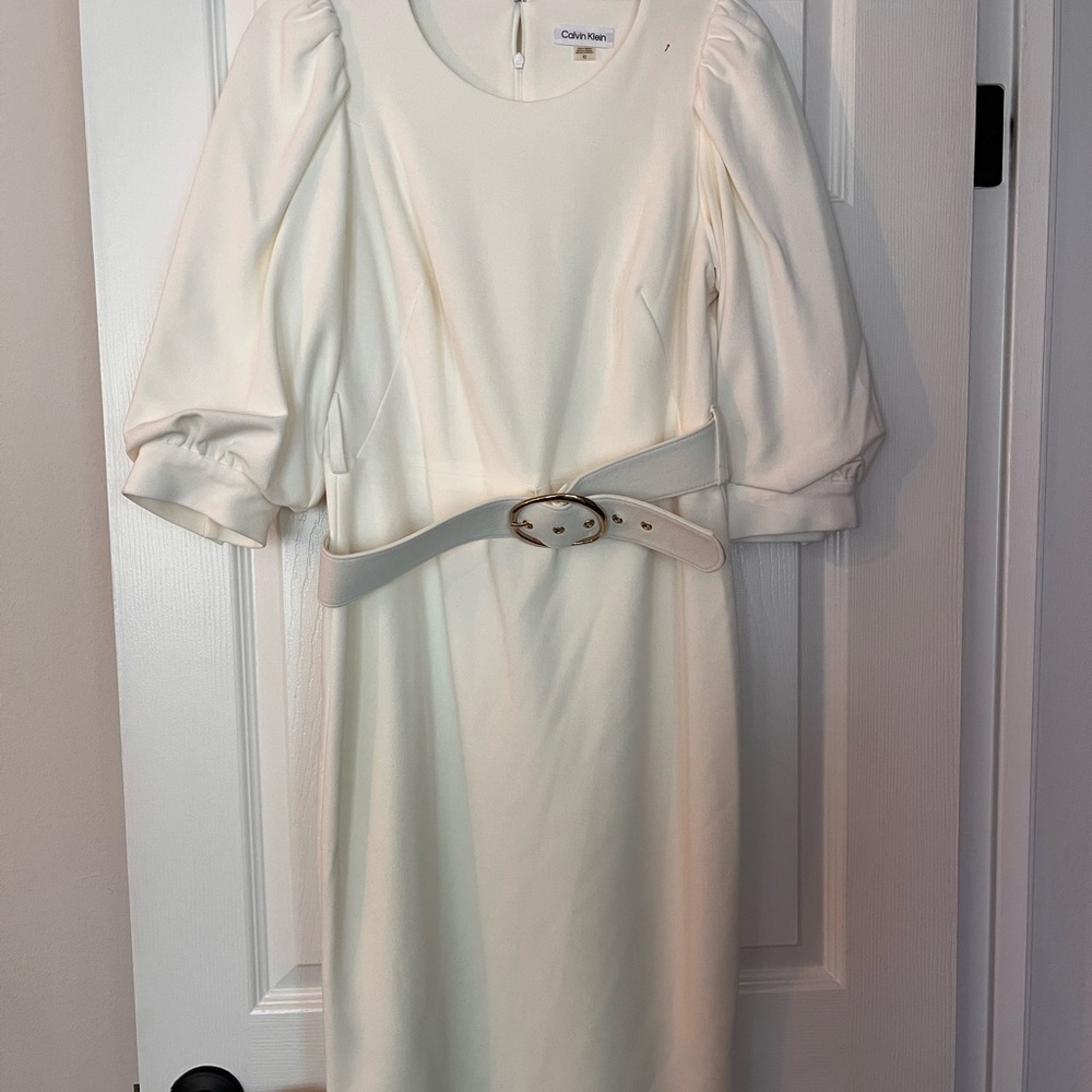 Calvin Klein Cream Long Sleeve Dress with Belt